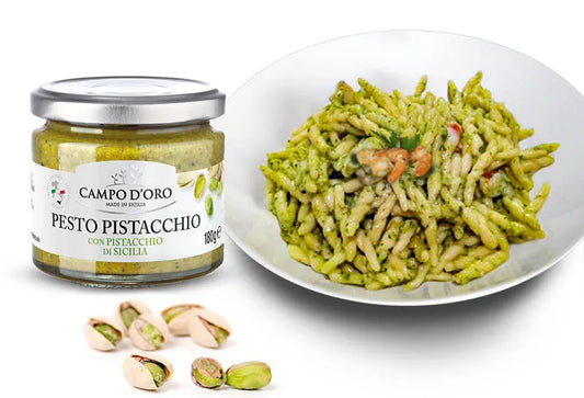 Trofie con pesto de pistacho y camarones